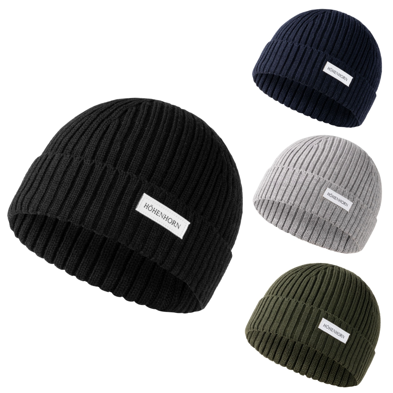 Höhenhorn Nordföhn Knitted Beanie Merinowolle Strickmütze Herren Damen Unisex... EinheitsgrÃ¶sse Schwarz (Gummi-Logo)